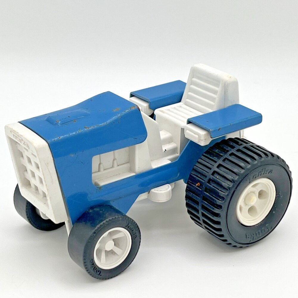 Vintage‎ Tiny Tonka Farm Tractor White Blue Pressed Steel-missing Steering Wheel